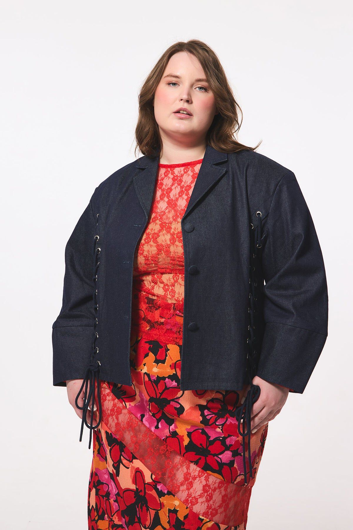Lace up Exaggerated Slv Denim Jacket, NAVY / Dark Wash, hi-res image number 0