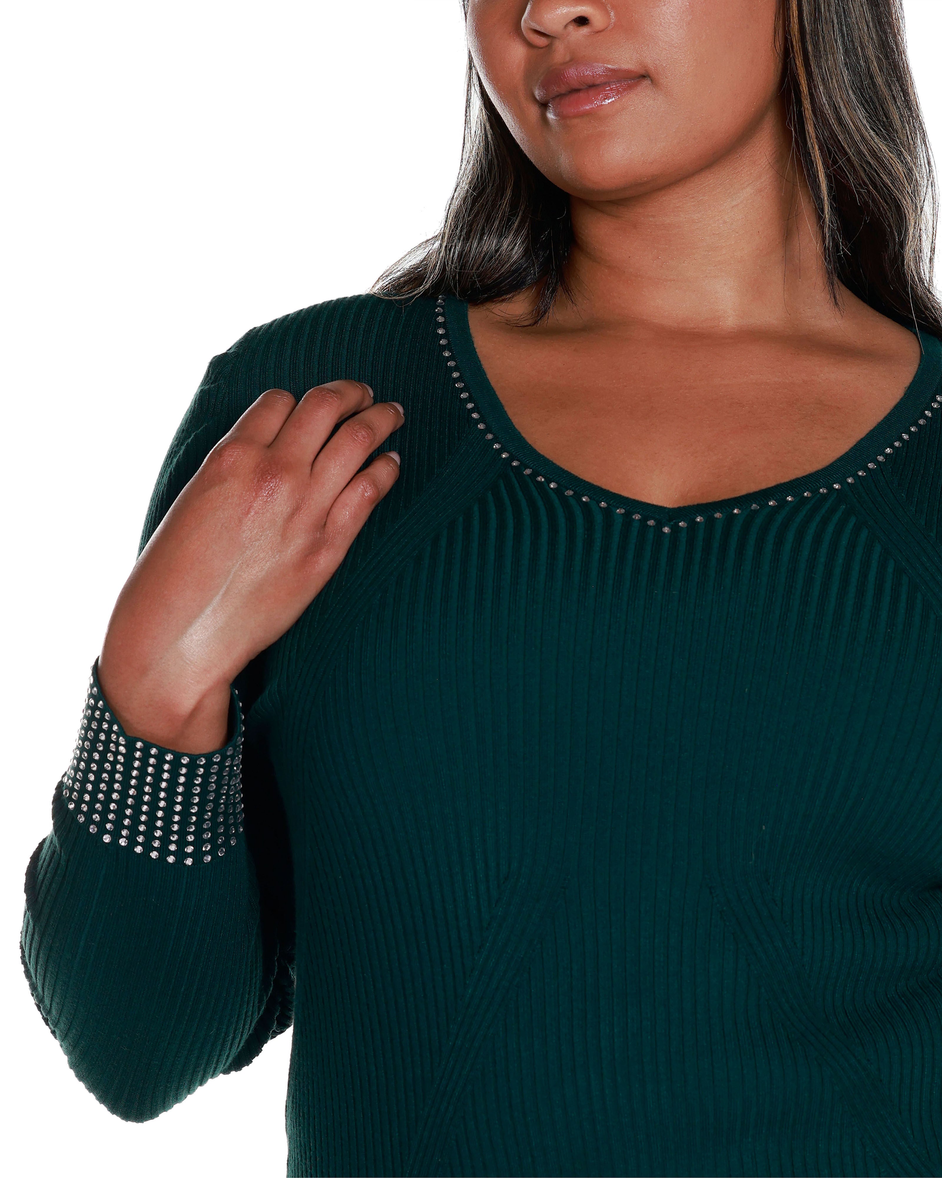 RHINESTONE-TRIM RIBBED SWEATER, Deep Emerald / Forest Green, alternate image number 3