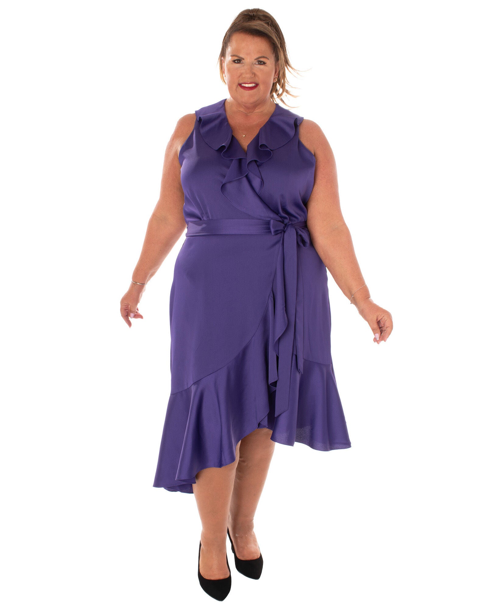 SATIN BACK CREPE FULLY LINED DRESS W/SELF SASH, ROYAL PURPLE / Purple, hi-res image number 0