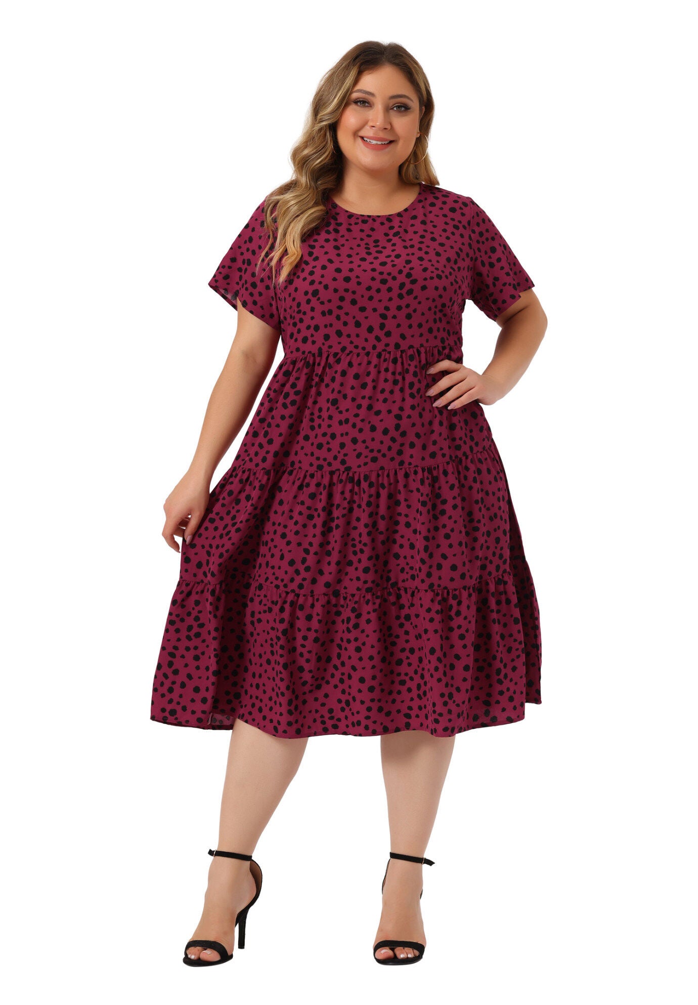 Polka Dots Short Sleeve Midi Layered Dress, Burgundy / Red, hi-res image number 0