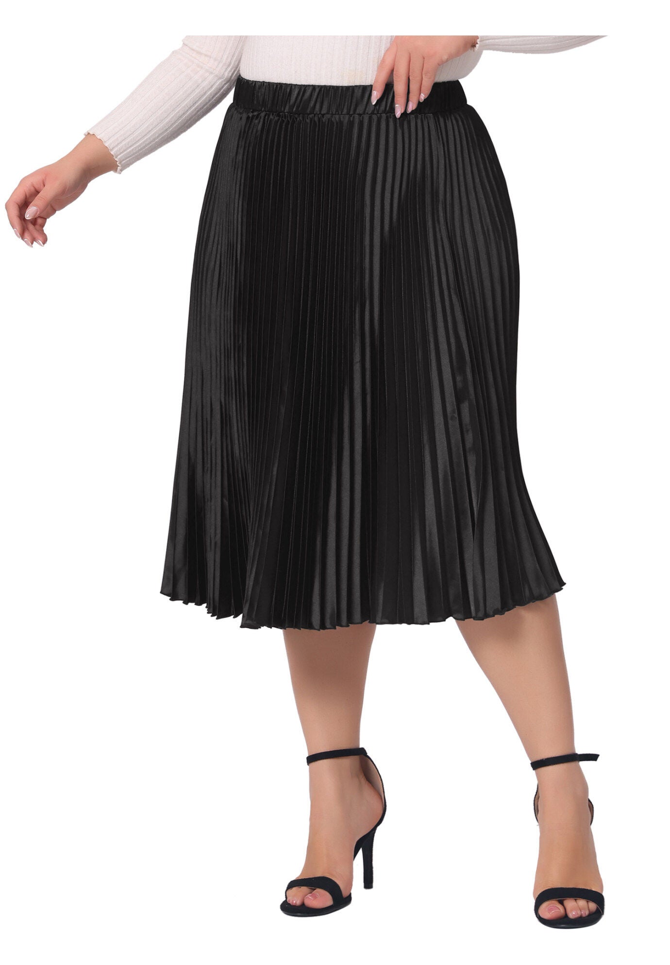 Elastic High Waist Metallic Shiny Accordion Pleated Midi Skirt, Black / Black, alternate image number 1