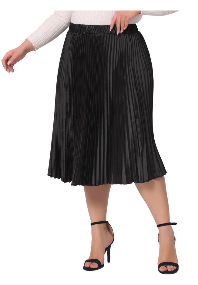 Elastic High Waist Metallic Shiny Accordion Pleated Midi Skirt, Black / Black, alternate image number 1