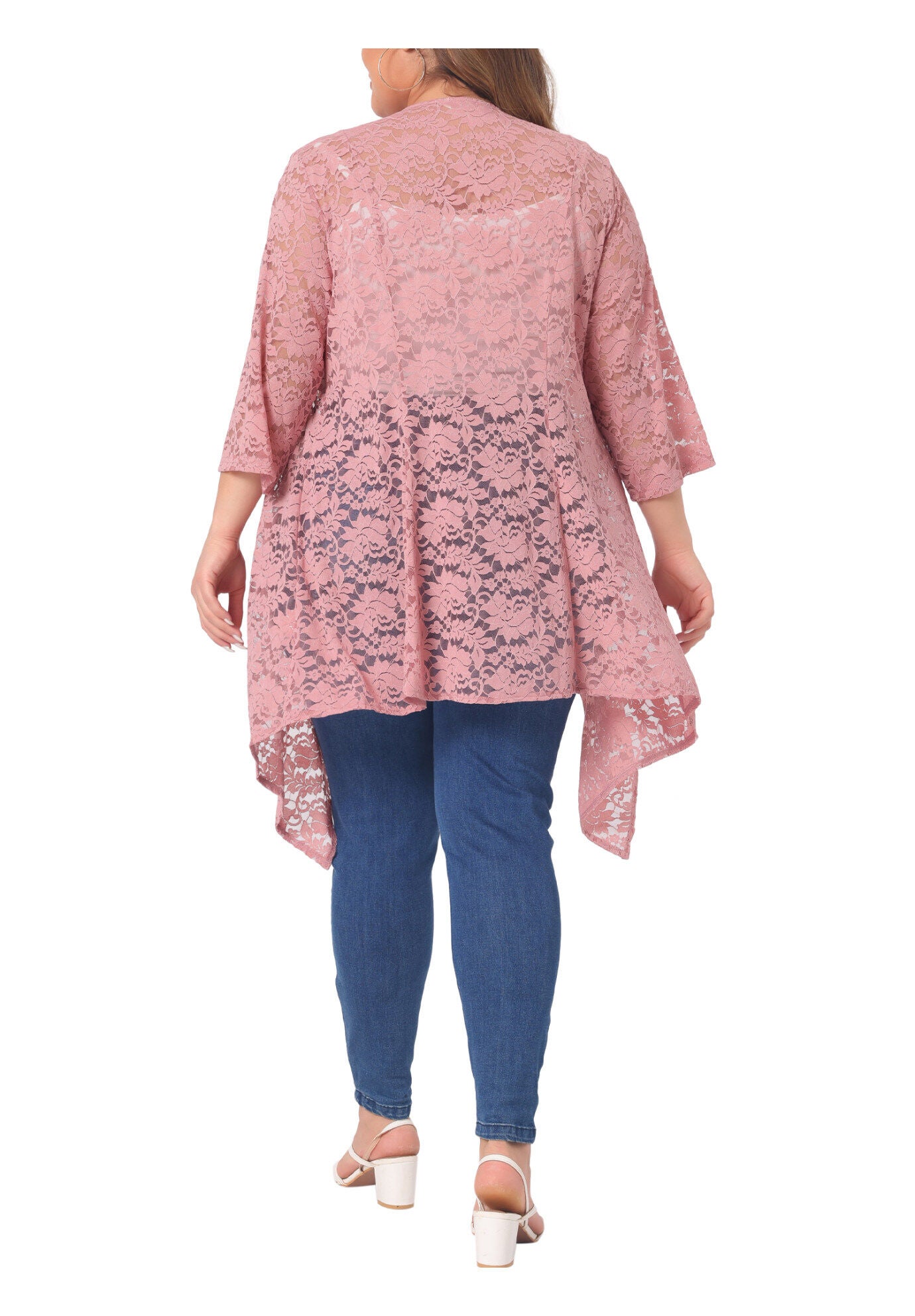 OPEN FRONT 3/4 SLEEVES CROCHET CARDIGAN COVER UP, Pink / Pink, alternate image number 3