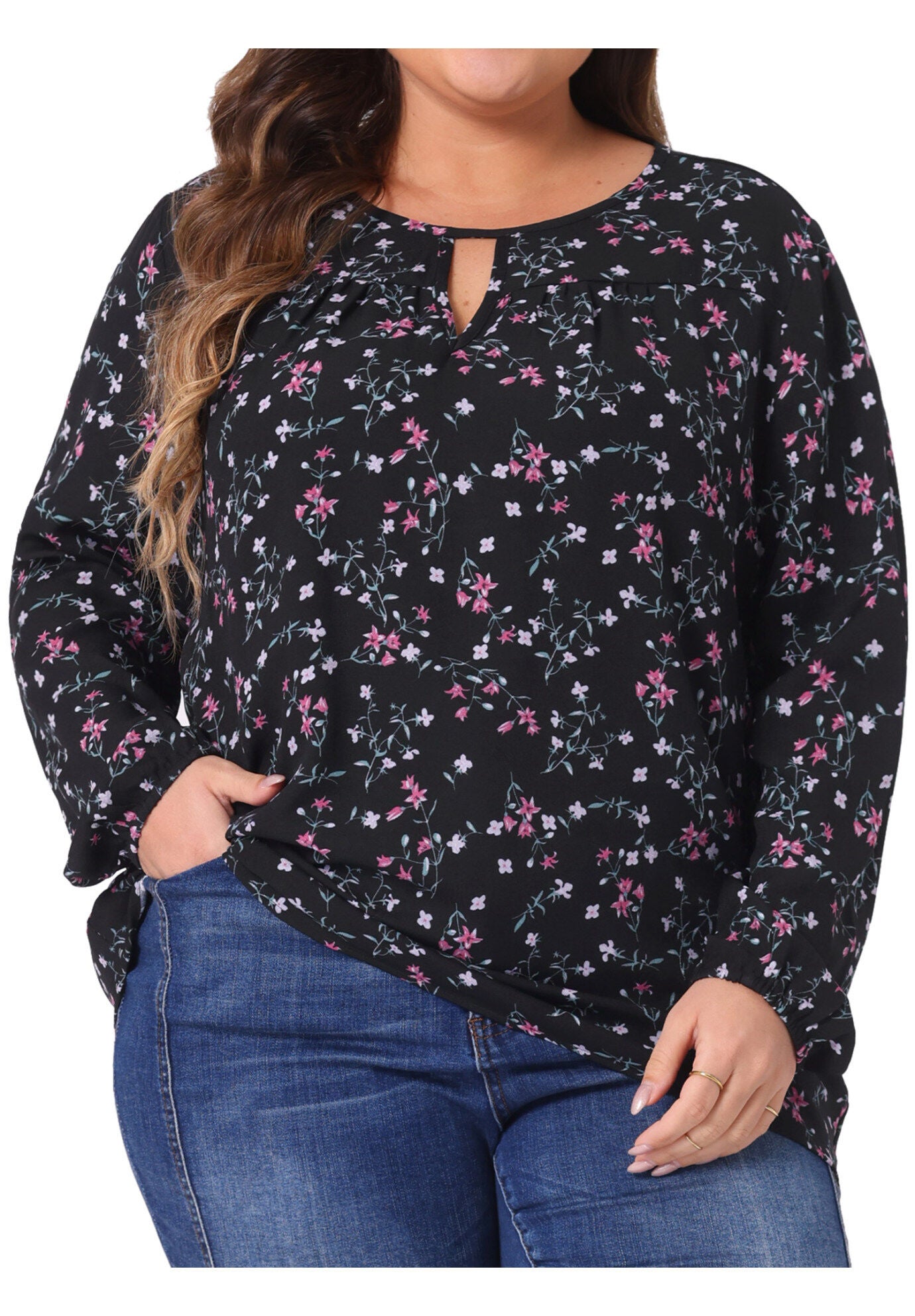 Chiffon Long Sleeve Keyhole Blouse Floral Top, Black Pink / Black, alternate image number 2
