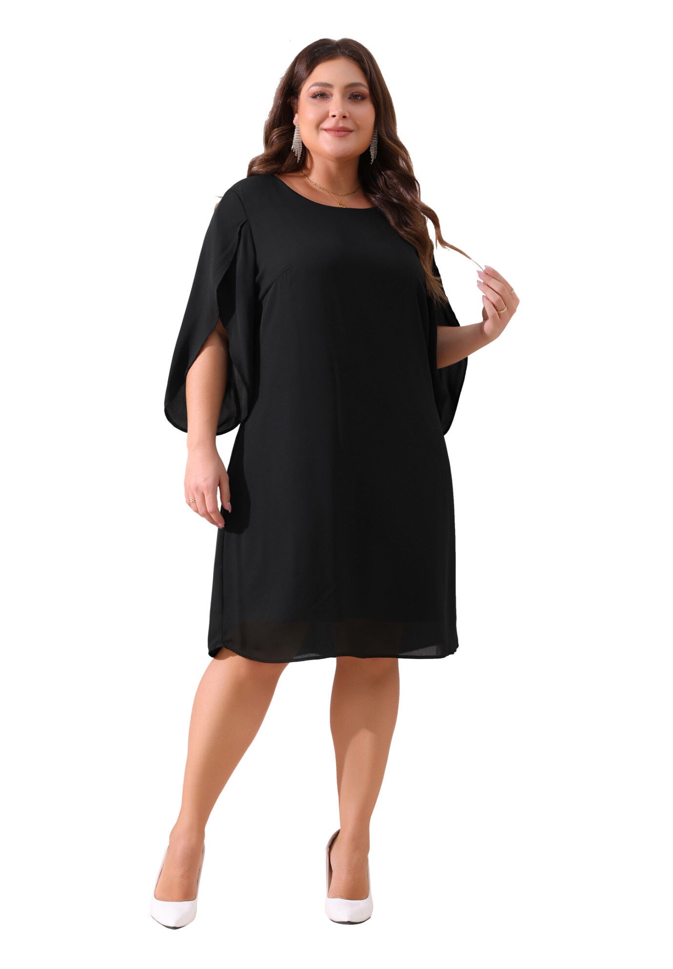 Crew Neck 3/4 Flutter Sleeve Cocktail Chiffon Dress, Black / Black, hi-res image number 0