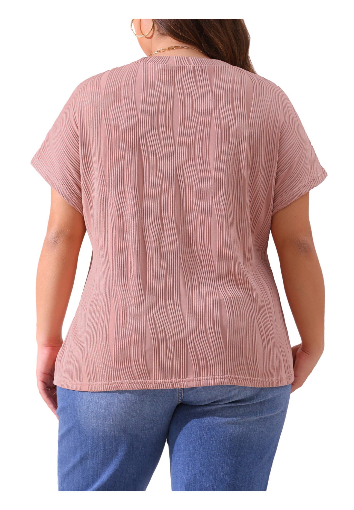 Short Sleeve Textured Top Crewneck T-Shirt, Pink / Pink, alternate image number 3