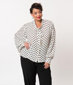 Unique Vintage White & Black Polka Dot Neck Tie Gwen Blouse