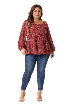 Sweetheart Neck Long Sleeve Printed Peplum Top Blouse