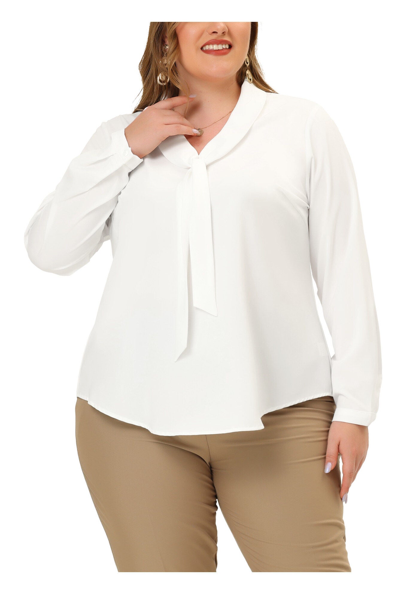 Long Sleeve Tie V Neck Chiffon Blouse, White / White, alternate image number 2
