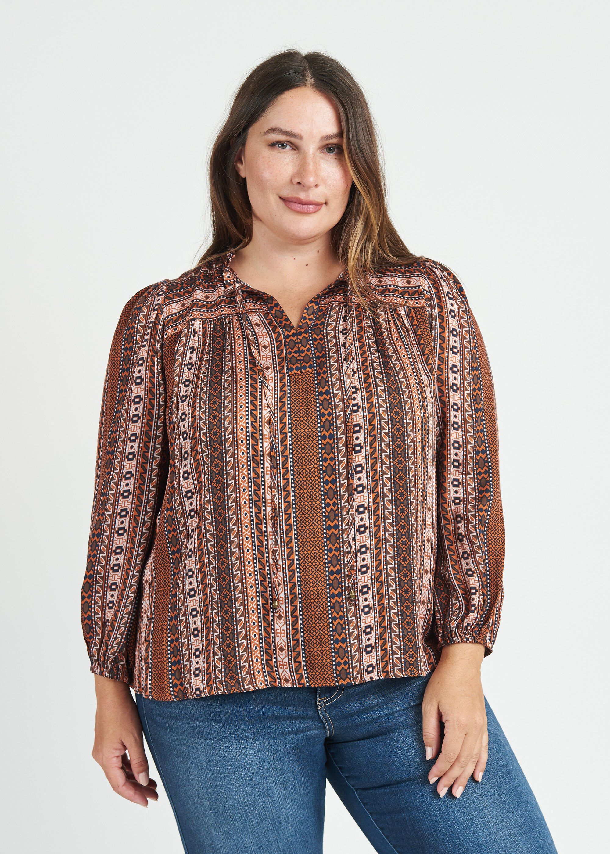 Taliyah Long Sleeve Top with Split-Neck and Tassels, , alternate image number 6