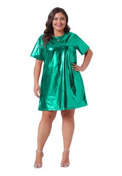 Metallic Round Neck Short Sleeve Loose Mini T-Shirt Dress