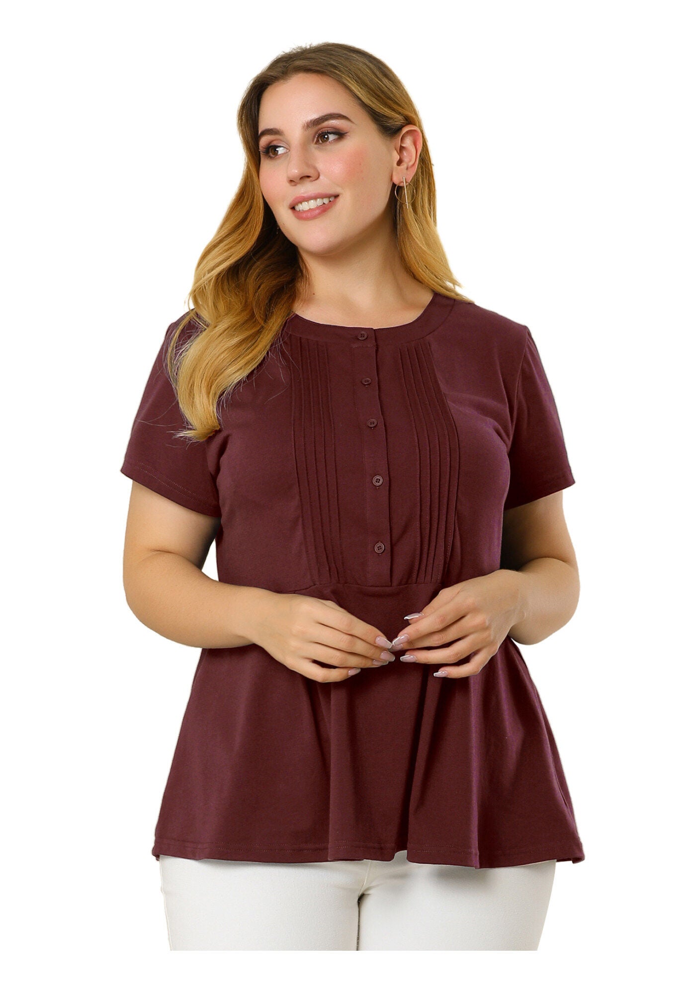 Round Neck Short Sleeve Shirt Blouse Peplum Top, Burgundy / Burgundy, hi-res image number 0
