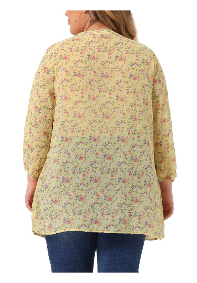 Chiffon Short Sleeve Floral Tie Neck Top, Yellow / Light Yellow, alternate image number 3