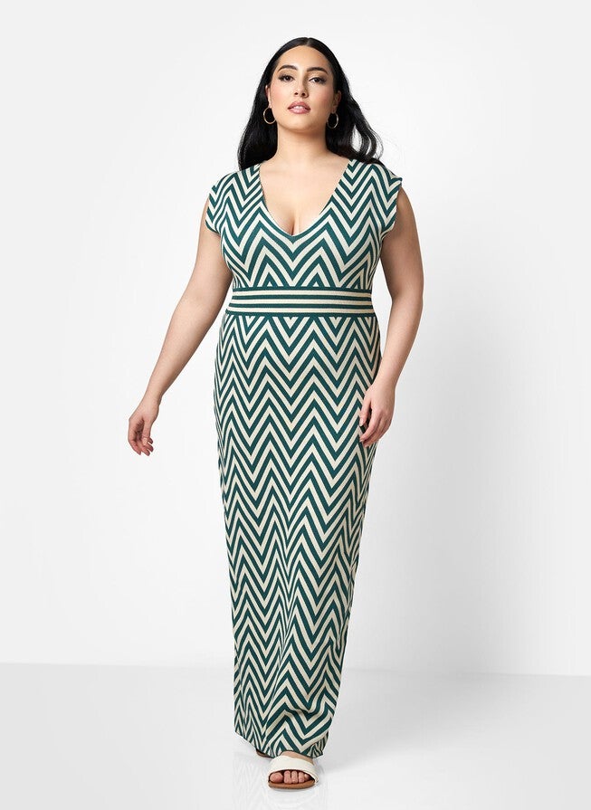 RACHIDA KNIT CHEVRON V NECK BODYCON DRESS, Multicolor / Azure Blue, hi-res image number 0