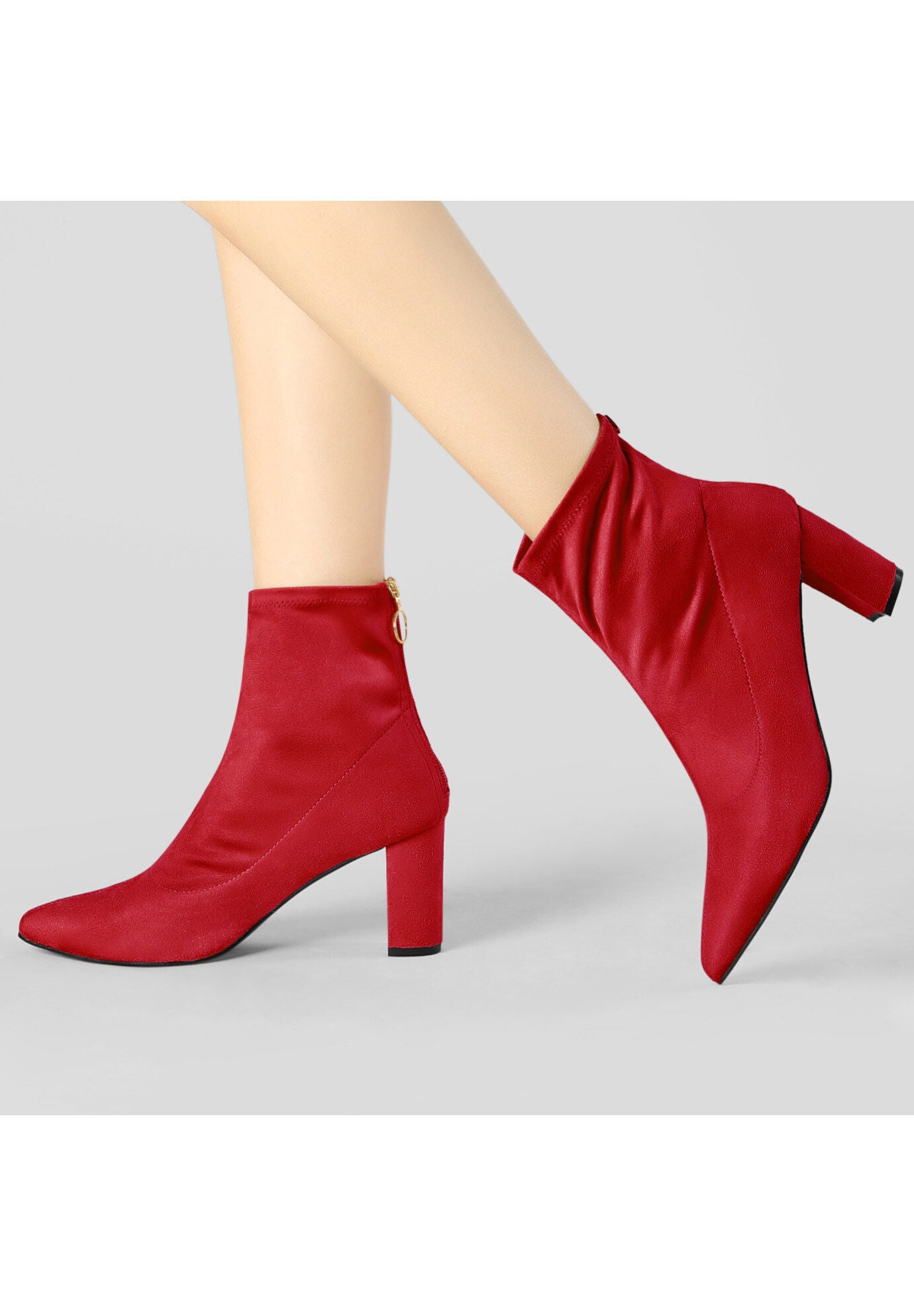 Pointed Toe Zipper Chunky Heels Ankle Boots, Red / Red, alternate image number 1