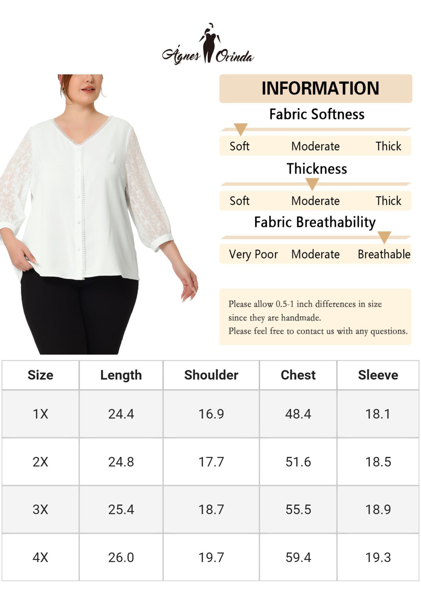 V Neck Sheer Lace Panel 3/4 Sleeve Button Up Lace Top, White / White, alternate image number 4