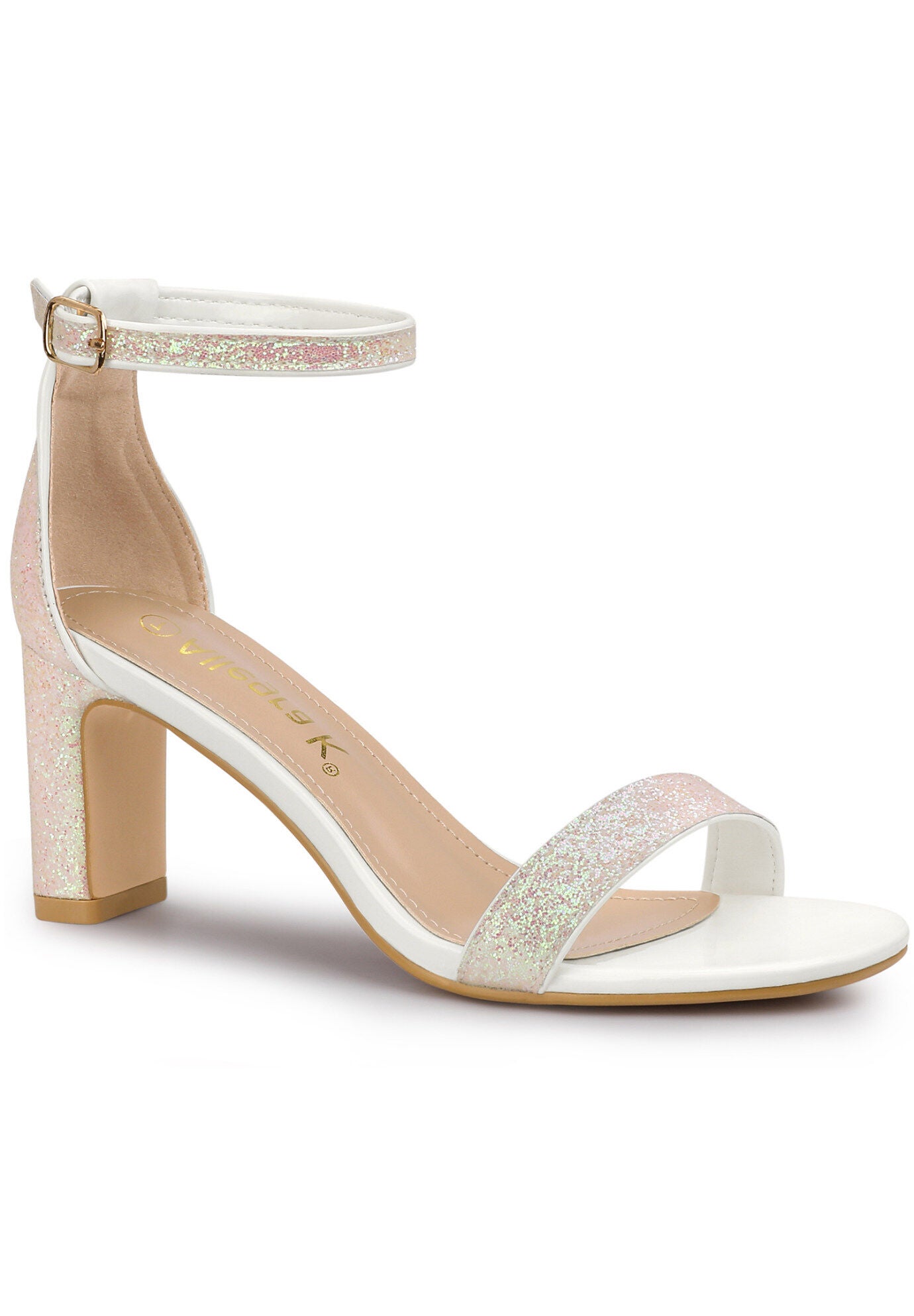 Glitter Ankle Strap Chunky Heeled Sandals, White powder / White, hi-res image number 0
