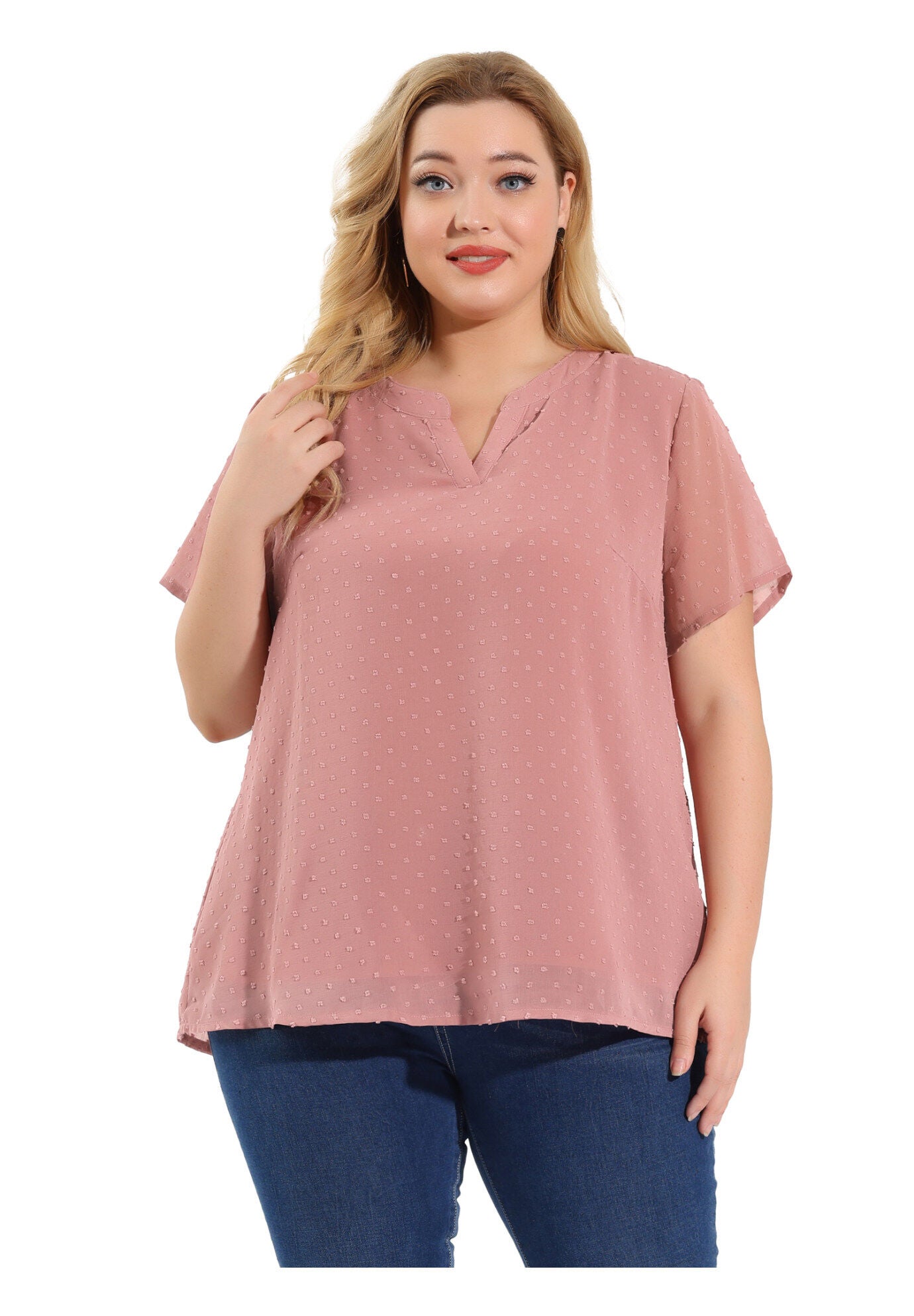 Swiss Dots Notched Neck Short Sleeve Basic Blouse, Pink / Pink, alternate image number 4