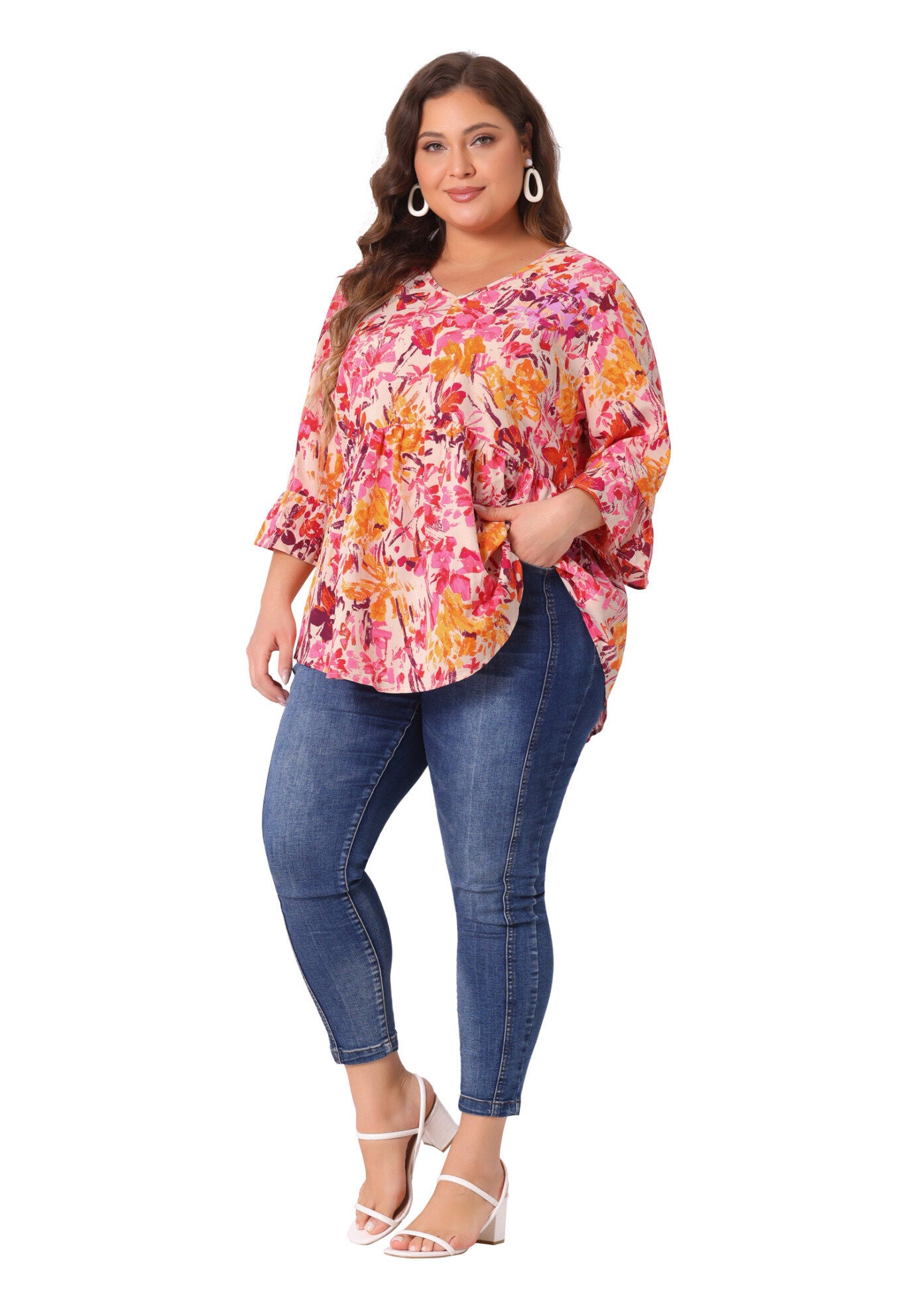 Floral V Neck Ruffle Sleeve Babydoll Peplum Blouse, Orange Pink / Orange, hi-res image number 0