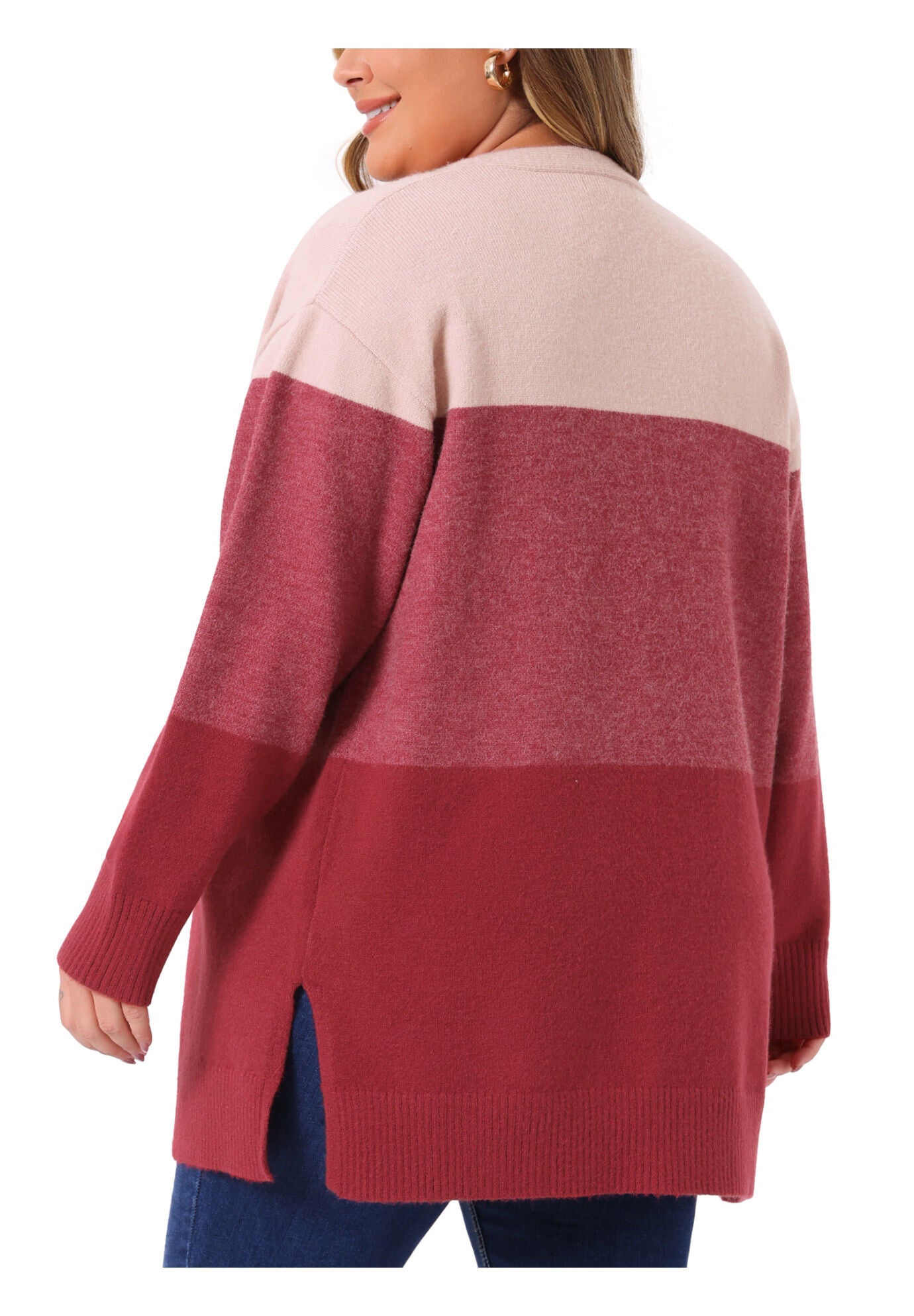 Striped Color Block Long Sleeve Knit Cardigan, Red Pink / Red, alternate image number 3