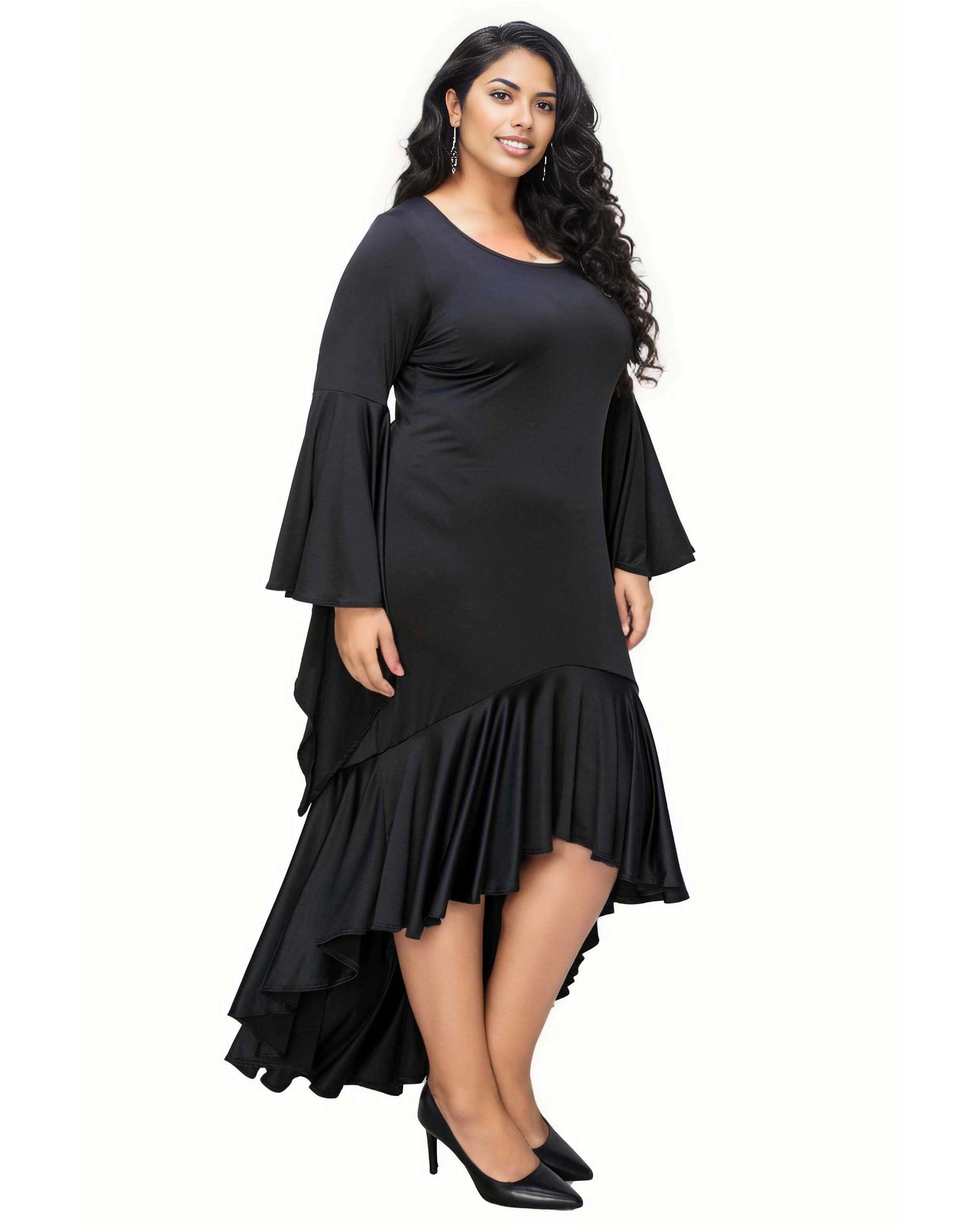 ARIELLE FLOWY MERMAID HEM DRESS, Black / Black, alternate image number 1