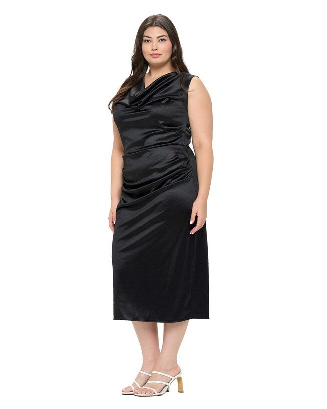 TOPANGA SATIN STRETCH COWL DRESS, Black / Black, alternate image number 1
