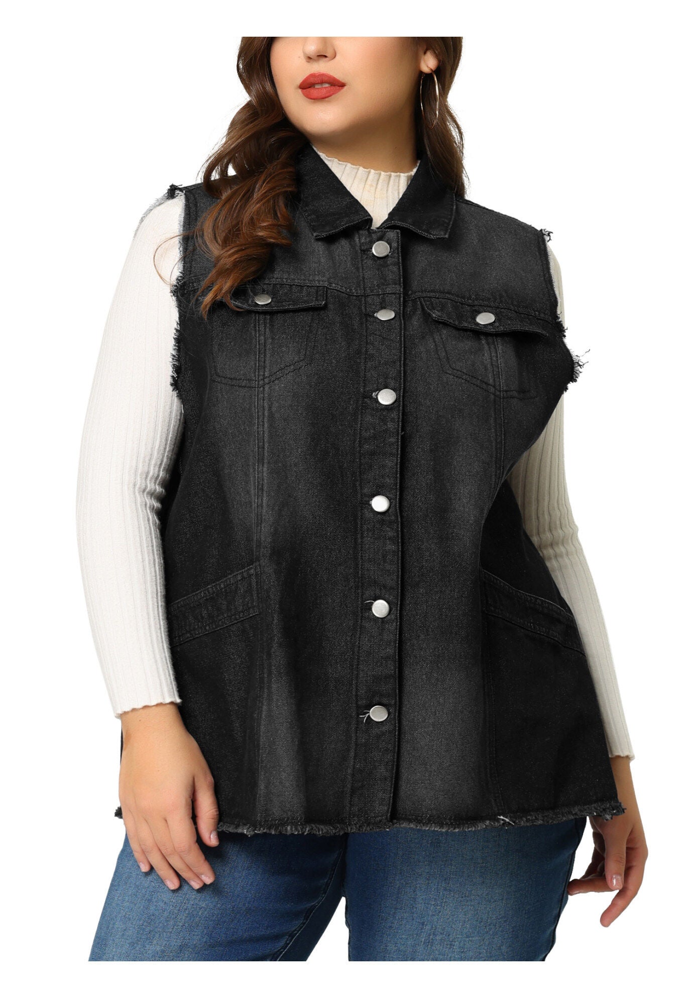 BUTTON FRONT LAPEL FRAYED WASHED SLEEVELESS LONG DENIM VEST, Black / Black, alternate image number 1