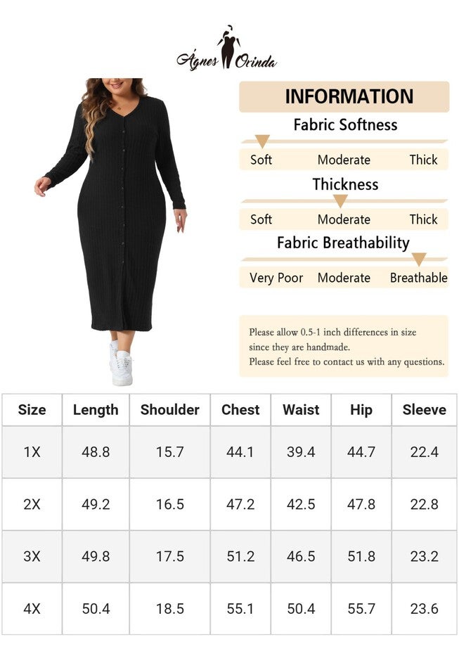 V Neck Long Sleeve Ribbed Knit Button Down Bodycon Dress, Black / Black, alternate image number 4