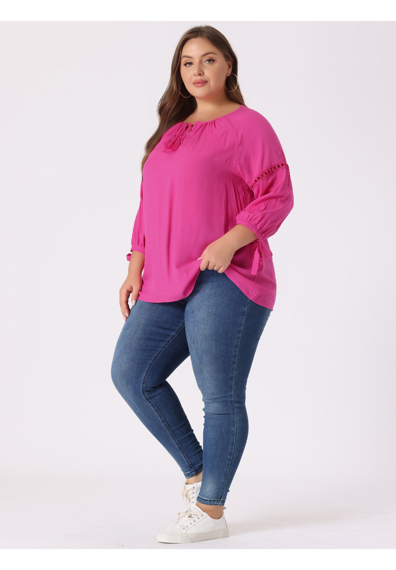 RAGLAN SLEEVES HOLLOW OUT TIE NECK PEASANT TOP, Hot Pink / Pink, hi-res image number 0