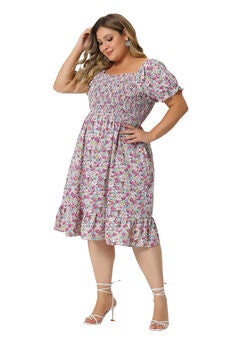 Ruffle Short Sleeve Flared Flowy Smock Floral Print Dress