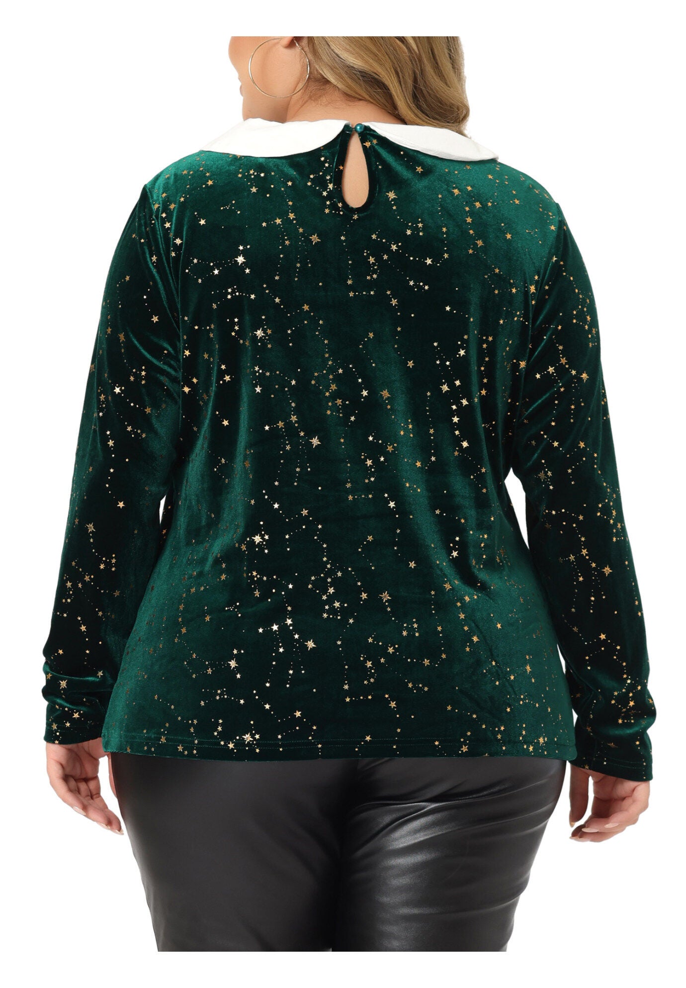 Peter Pan Long Sleeve Vintage Star Print Doll Collar Velvet Top, Green / Forest Green, alternate image number 3