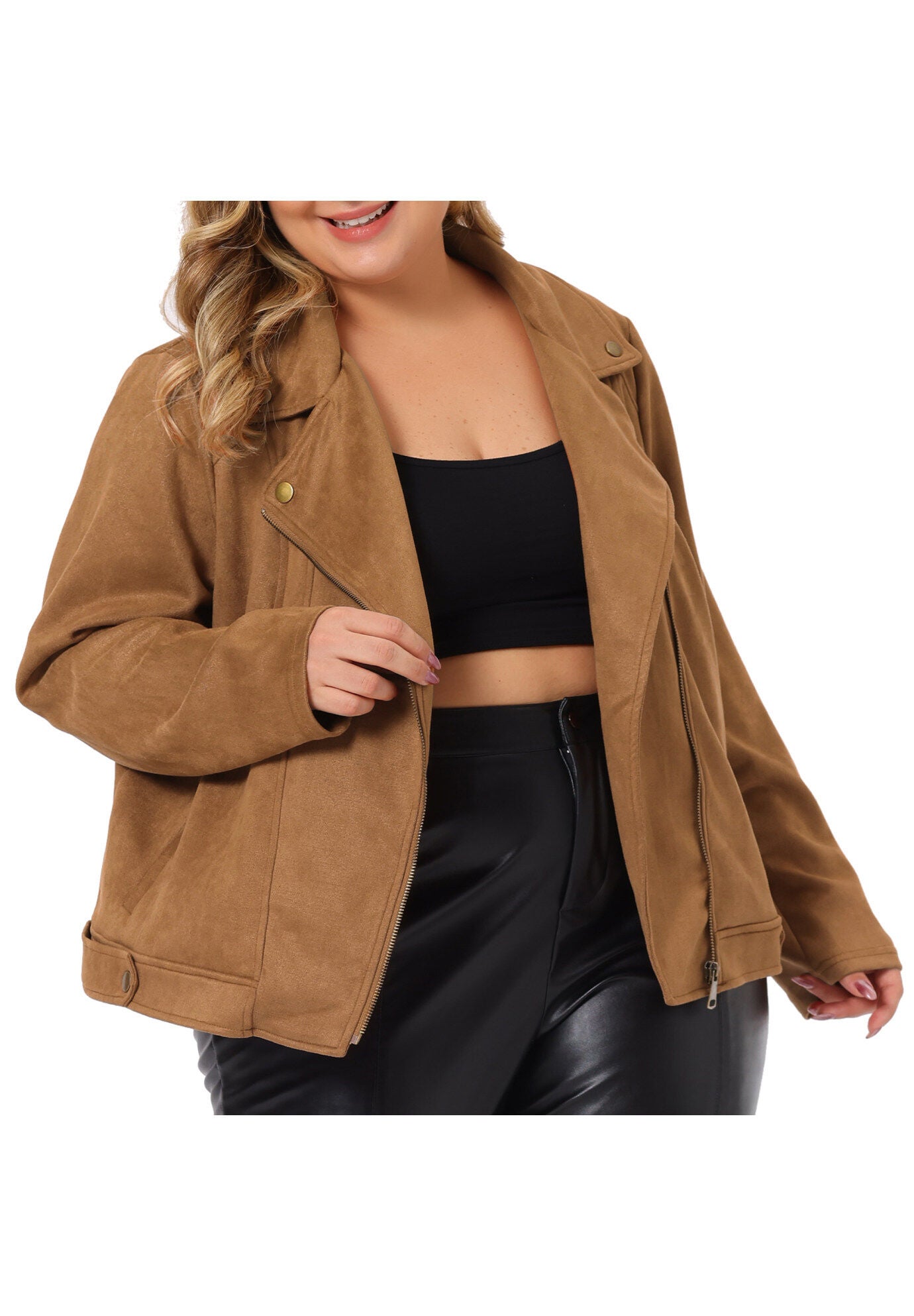 FAUX SUEDE ZIPPER CROP MOTO BIKER JACKET, Brown / Brown, alternate image number 1