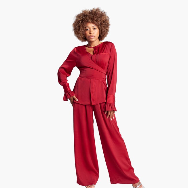 Long Sleeve Wrap Top, Brown / Brown, alternate image number 1