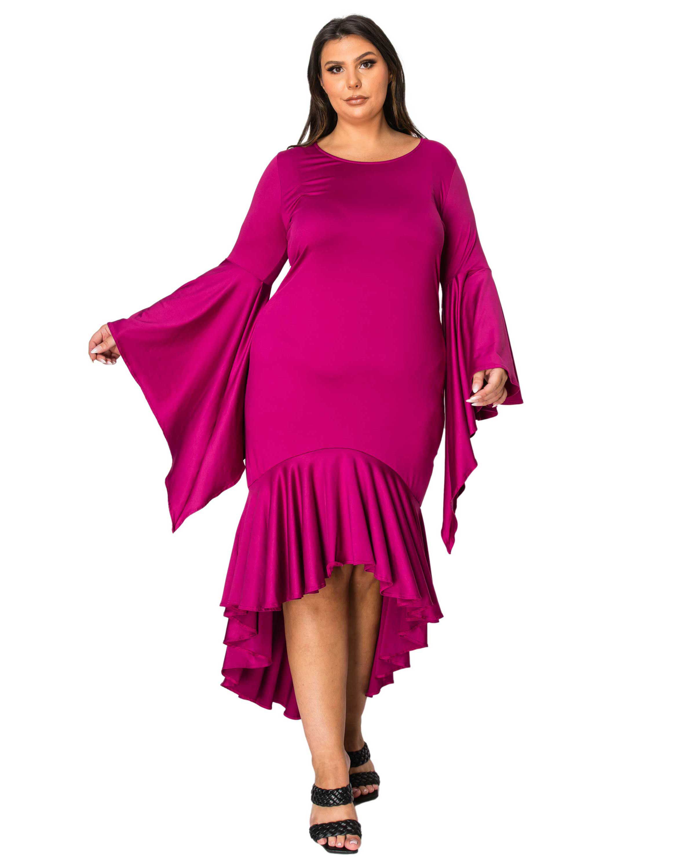ARIELLE FLOWY MERMAID HEM DRESS, Magenta / Magenta, hi-res image number 0