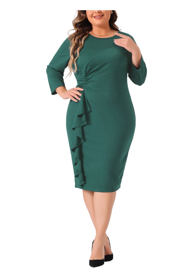 3/4 Sleeve Ruffle Midi Pencil Bodycon Cocktail Dress, Dark Green / Forest Green, alternate image number null