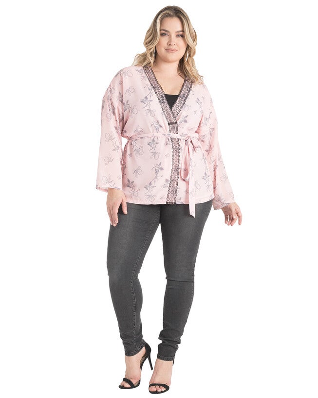 Plus Size Irna Floral Print Belted Kimono Cardigan Cover Up, Pink / Pink, alternate image number 1