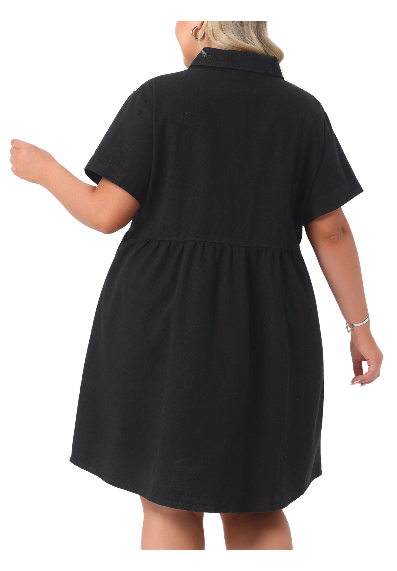 Denim Babydoll Tiered Short Sleeve Button Down Jean Shirt Dress, Black / Black, alternate image number 3