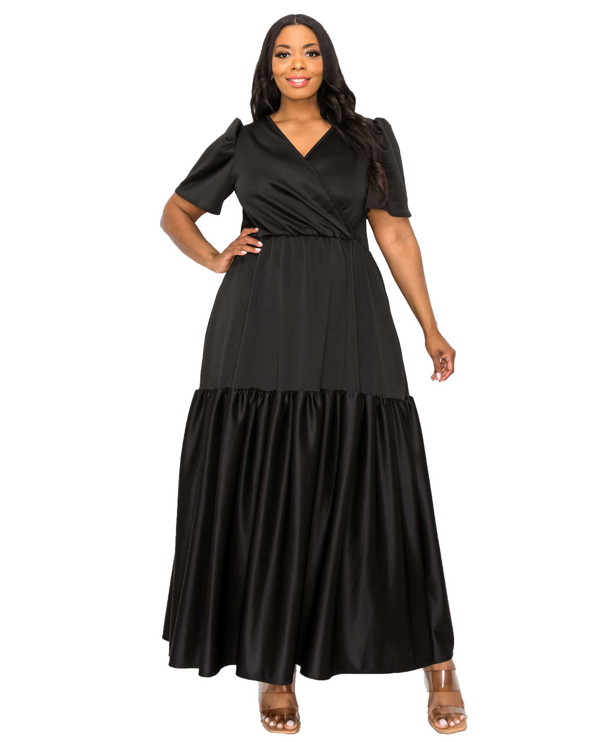 JOLI SURPLICE NECK DRESS, Black / Black, hi-res image number 0