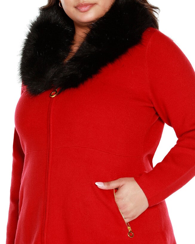 FAUX FUR COLLAR CARDIGAN, Belldini Red / Red, alternate image number 3