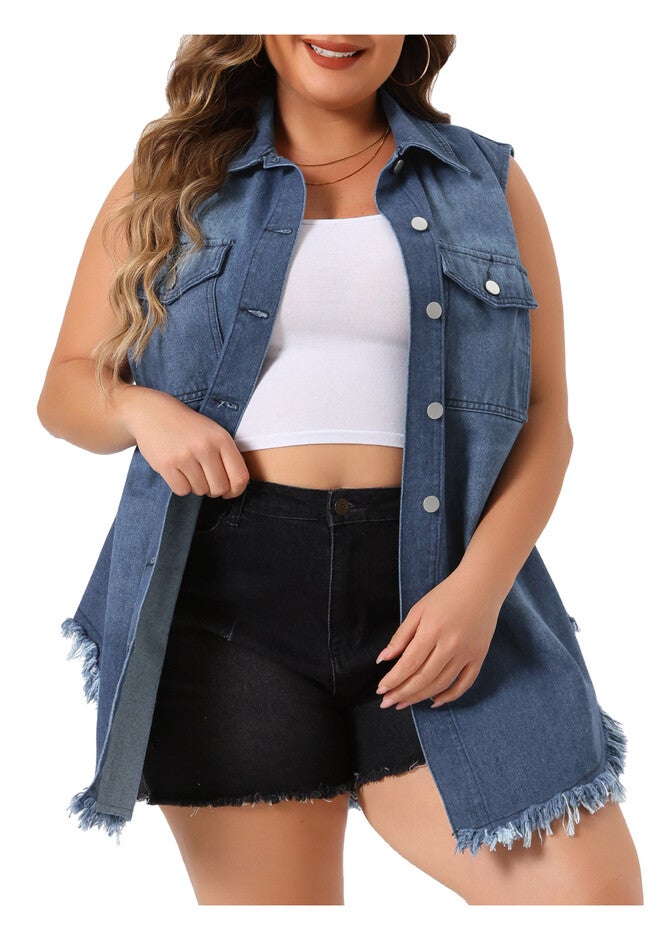 BUTTON UP FRAYED HEM SLEEVELESS JEAN DENIM VEST, Dark Blue / Navy, alternate image number 2