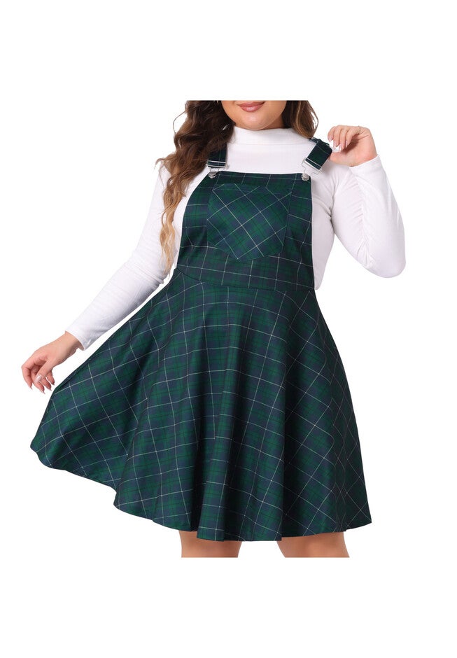 Plaid Printed Overall Pinafore Swing Adjustable Straps Dress, Green / Forest Green, alternate image number 1