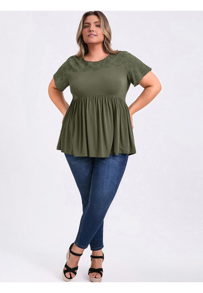 Eyelet Embroidery Short Sleeve Blouse Babydoll Tunic, Army Green / Olive Green, alternate image number 1