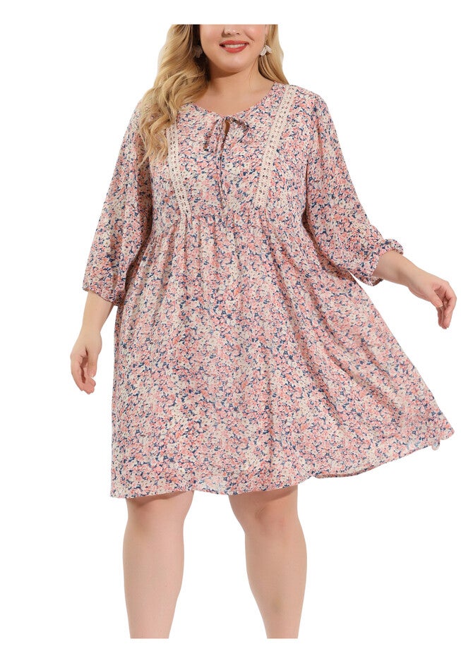 Summer Tie Neck Floral Printed Midi Babydoll Dress, Pink / Pink, alternate image number 2