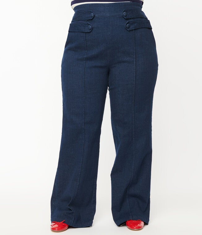 Unique Vintage Denim High Waist Wide Leg Tab Pants, Blue Denim / Destructed Dark Wash, alternate image number 2