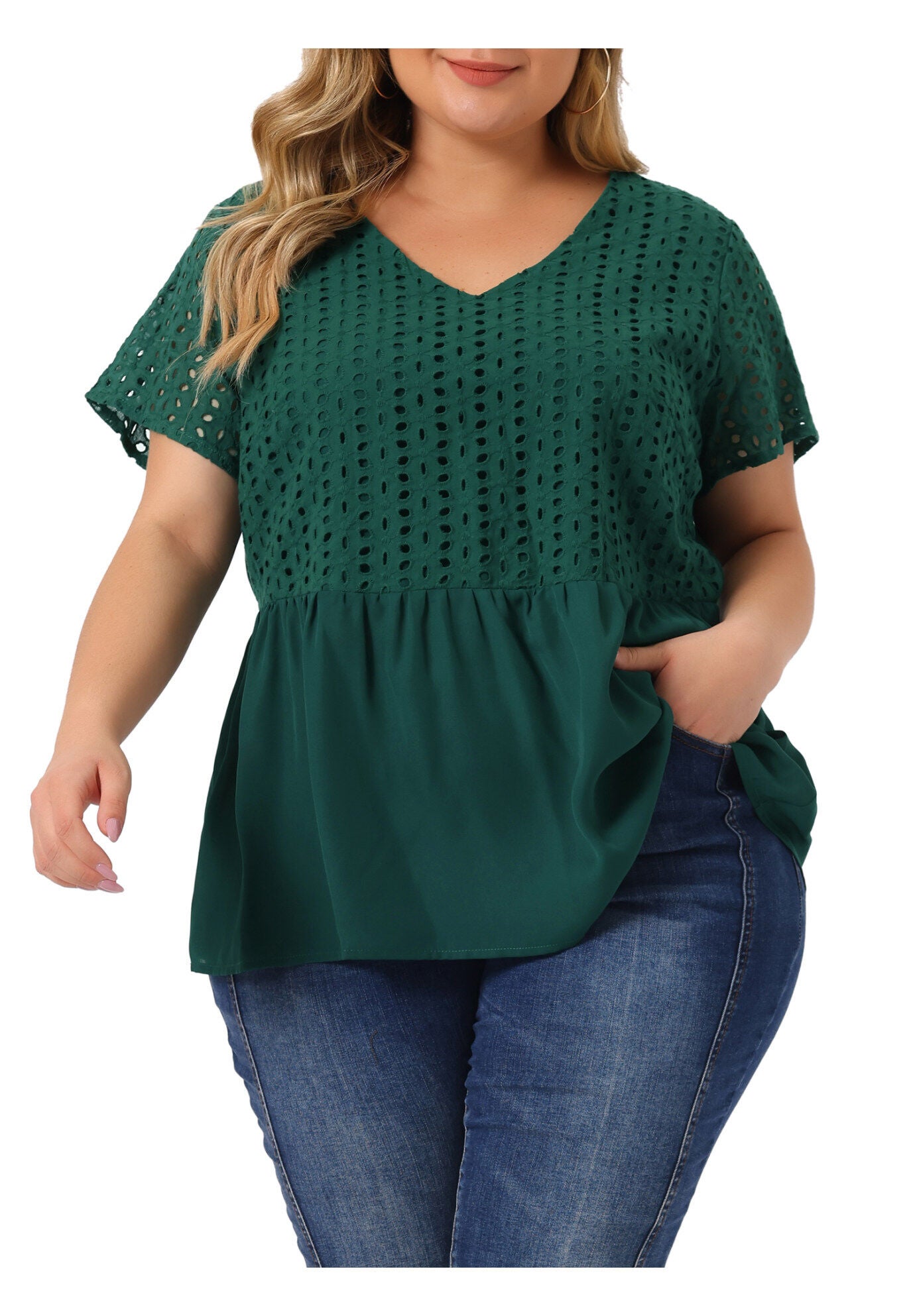 PEPLUM BLOUSE SUMMER SHORT SLEEVES V NECK BABYDOLL TOP, Dark Green / Forest Green, alternate image number 2