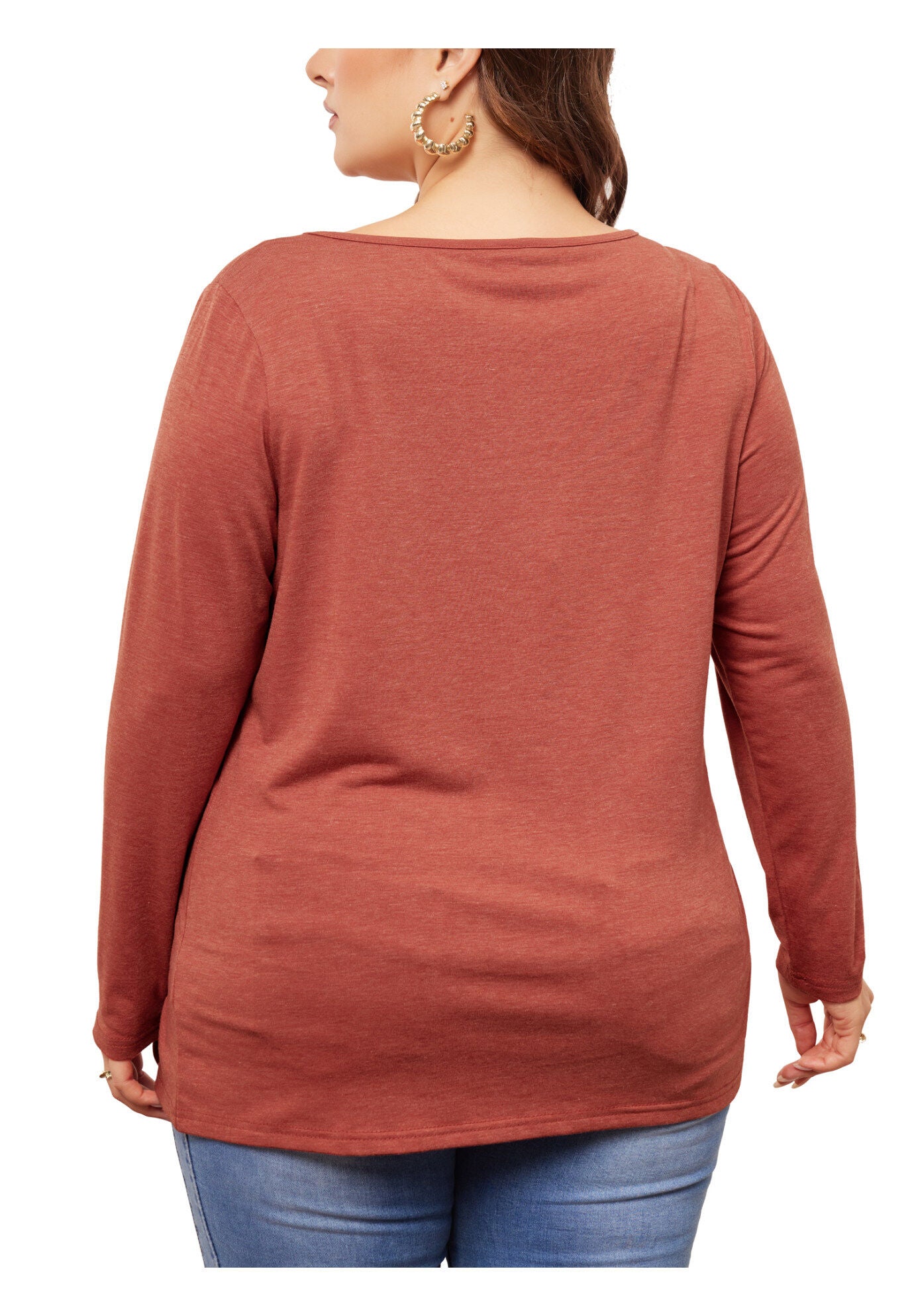 Side Button Square Neck Long Sleeve Tunic Blouse, Red Brown / Burnt Orange, alternate image number 3