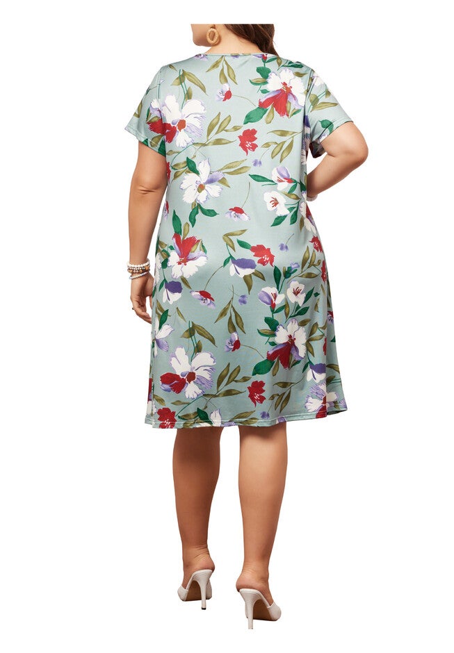 Short Sleeves Pleated Summer Beach Casual Loose Floral Dress, Green / Light Green, alternate image number 3