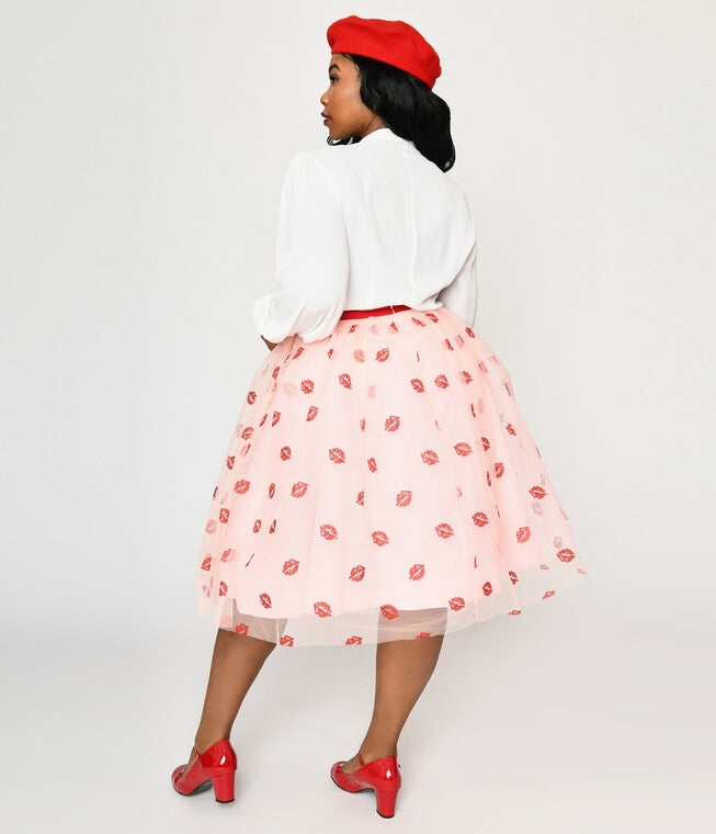 Unique Vintage Pink & Red Glitter Lips Brilliance Swing Skirt, , alternate image number 6