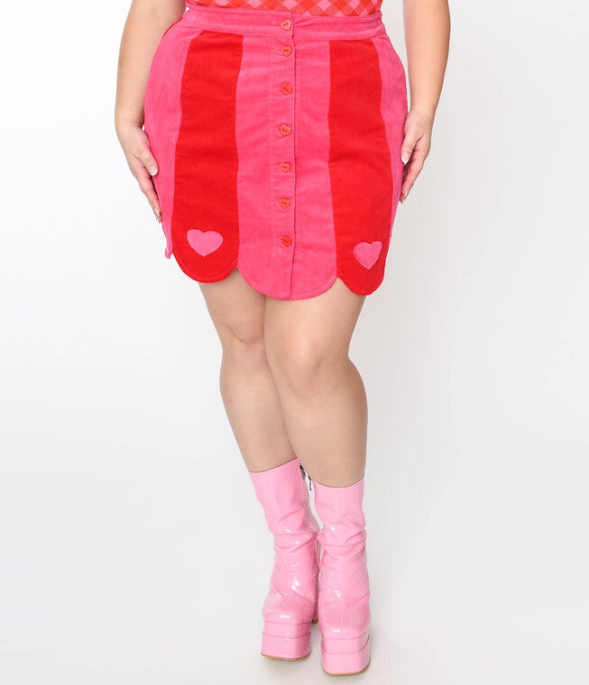 Smak Parlour Plus Size Red & Pink Love Corduroy Mini Skirt, , alternate image number null