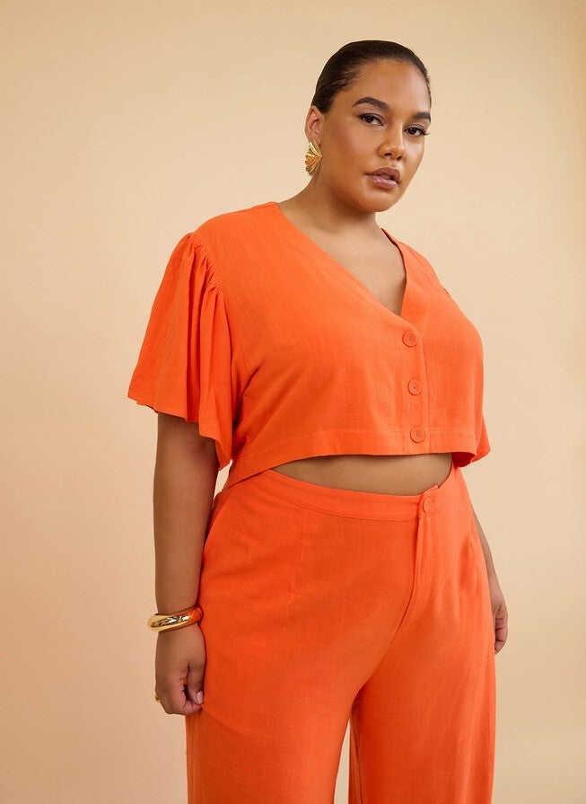 LETICIA LINEN FLARE SLEEVE BLOUSE - BURNT ORANGE, Orange / Orange, hi-res image number null
